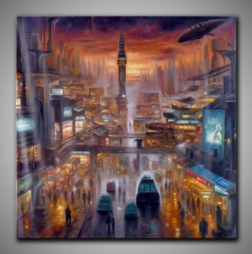 Stimmungsvolles, Science-Fiction Scene einer Stadt. In warmen Farben gemalt.