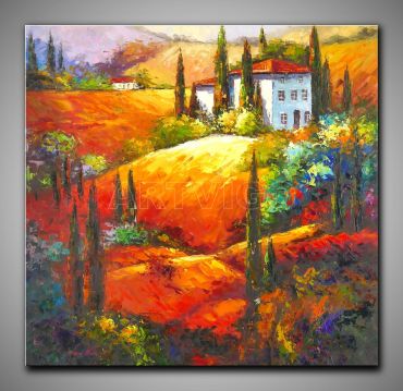 Warmes Bild. Landschaft mit Klatschmohn kleinen Häusern, dekoratives Gemälde, 60x90 cm