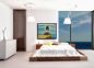 Preview: Hippes Schlafzimmer mit modernen design Möbeln. Als Dekoration hängt ein eingerahmtes Bild. Träumendes Mädchen mit Fernweh