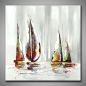 Preview: Helles, abstraktes Bild Segelboote kaufen. In Türkis, Weiß und blau gemalt. Quadrat, dekoratives Gemälde, 90x90 cm