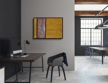 Büro mit abstraktem Bild auf Leinwand mit schwarzem Rahmen