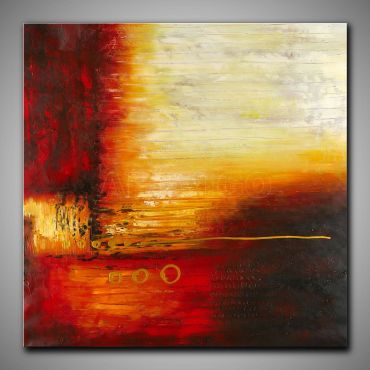 Warmes, abstraktes Bild in Rot, Weiß und Gelb gemalt. Quadratisches, dekoratives Gemälde, 100x100cm