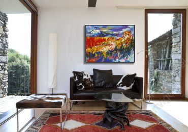 Zimmer mit einem abstrakten, schönen Kunstwerk. Raubtiere im Bilderrahmen