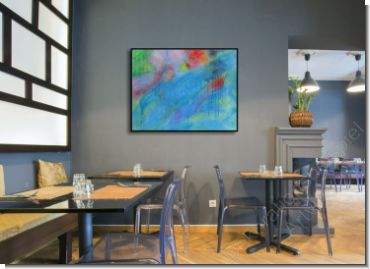 Asiatisches Restaurant, Parkettfussboden. Dekorationsbeispiel Gemälde abstrakt