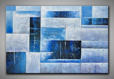 Abstraktes, helles Gemälde in kühlen Farben. Blaue Flächen