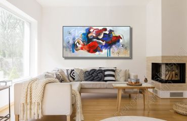 Modernes helles Wohnzimmer mit hellem Sofa. Dekorationsbeispiel Gemälde abstrakte Kunst von Deysi Burga Fuentes