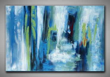 Abstraktes, helles Gemälde in leichten Farben. Blaue Flächen