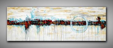 Langes, abstraktes Bild in Rot, Blau und Grau gemalt. Panorama Küste vor Norderney, 50x150cm