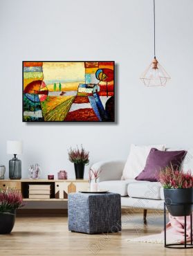 Wohnzimmer mit einem abstrakten, schönen Kunstwerk Struktur Flächen im Bilderrahmen