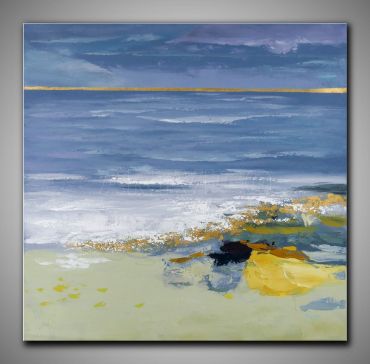 Helles, abstraktes Strandbild mit  Gold kaufen. In hellen und kühlen Fraben gemalt.