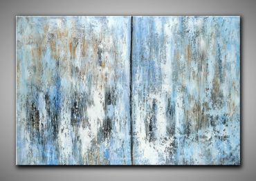 Abstraktes, helles, blaues Gemälde in kühlen und warmen Farben. XXL