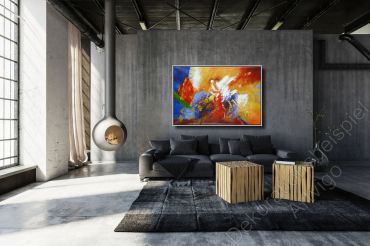 Dunkles Industrieloft mit einem abstrakten Bild an einer schwarzen Wand.