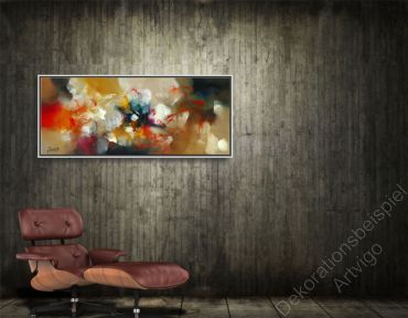 Cooles Loft mit Beton und Lounge Chair. Zur Dekoration hängt ein original Bild mit fluffigen Farben