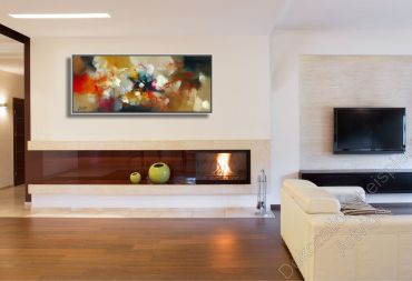 Moderne Wohnung mit Kaminofen. Dekorationsbeispiel Gemälde abstrakt im Bilderrahmen