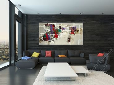 Modernes Loft, Wohnung mit dunkler Wand. Dekorationsbeispiel Gemälde abstrakt von Americo Ccala