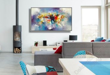 Preview: Cooles Wohnküche mit Beton und Style. Zur Dekoration hängt ein original Bild mit fluffigen Farben