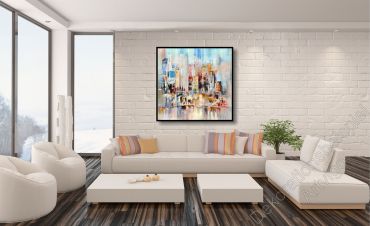 Wohnung mit einem abstrakten, unaufgeregten Wandbild Skyline im Bilderrahmen