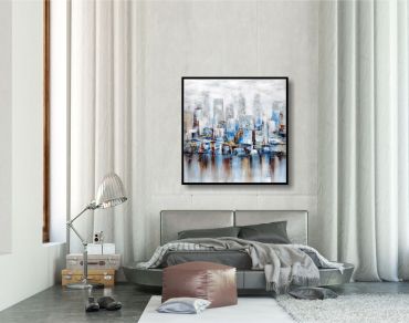 Wohnung mit einem abstrakten, unaufgeregten Wandbild Skyline im Bilderrahmen