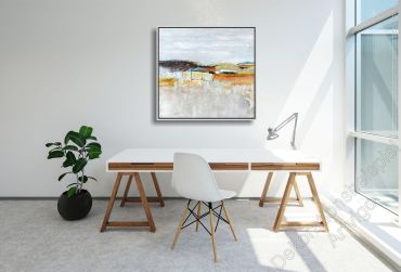 Preview: Arbeitszimmer mit einem abstrakten, unaufgeregten Wandbild Landschaft im Bilderrahmen