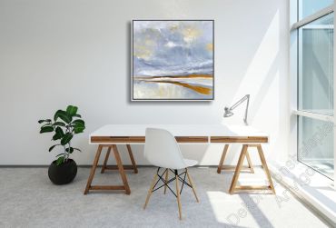 Arbeitszimmer mit einem abstrakten, unaufgeregten Wandbild Landschaft im Bilderrahmen