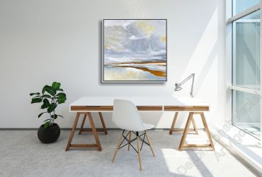 Preview: Arbeitszimmer mit einem abstrakten, unaufgeregten Wandbild Landschaft im Bilderrahmen