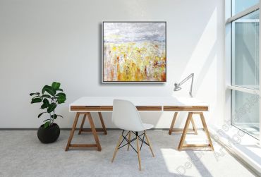 Arbeitszimmer mit einem abstrakten, unaufgeregten Wandbild Landschaft im Bilderrahmen