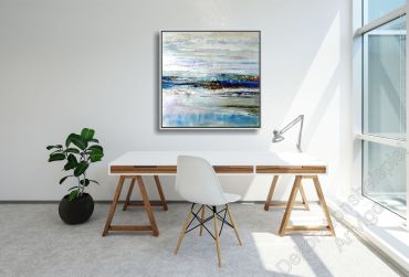 Preview: Arbeitszimmer mit einem abstrakten, unaufgeregten Wandbild Landschaft im Bilderrahmen