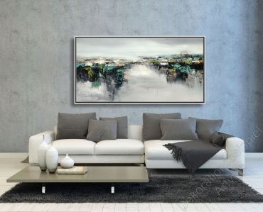 Preview: Wohnzimmer mit grauer Wand. Über dem Sofa hängt ein großes eingerahmtes Bild als Dekoration