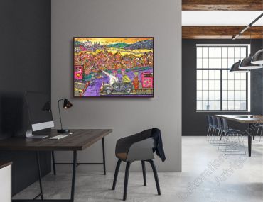 Preview: Stylishes Büro. Zur Dekoration hängt ein farbenfrohes Gemälde im Bilderrahmen