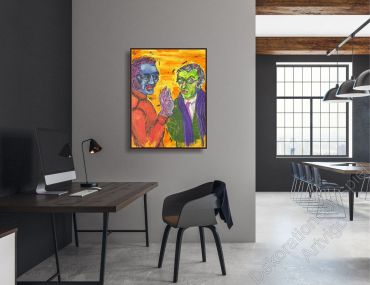 Preview: Stylishes Büro. Zur Dekoration hängt ein farbenfrohes Gemälde im Bilderrahmen