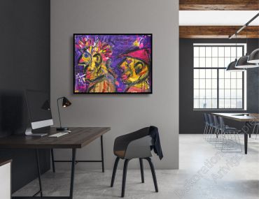 Preview: Stylishes Büro. Zur Dekoration hängt ein farbenfrohes Gemälde im Bilderrahmen