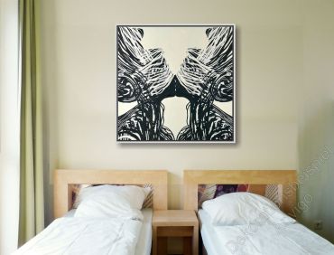 Preview: Schlafzimmer mit einem abstrakten, unaufgeregten Wandbild im Schattenfugenrahmen