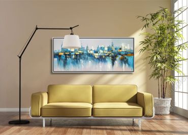 Preview: Heller Raum. Zur Dekoration hängt eine abstrakte Skyline mit Schattenfugenrahmen an der grauen Wand