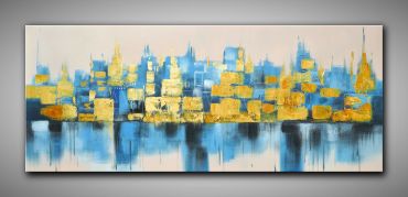 Abstraktes Ölgemälde einer Grafischen Skyline und Spiegelung im See