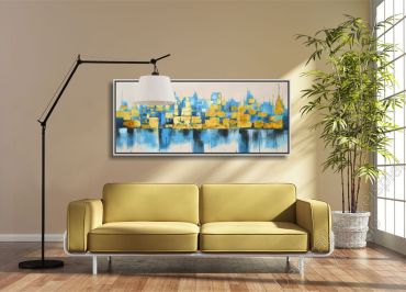 Preview: Heller Raum. Zur Dekoration hängt eine abstrakte Skyline mit Schattenfugenrahmen an der grauen Wand