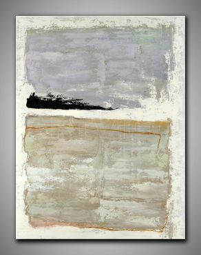 Abstraktes, helles, graues Gemälde in kühlen und warmen Farben.