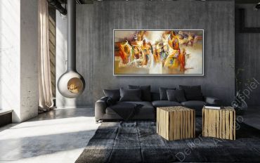 Cooles Loft dunkle Wand und langes Sofa. Dekoration interessantes Gemälde von Americo Ccala