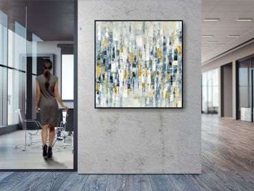 Büro mit einem abstrakten, unaufgeregten Wandbild im Schattenfugenrahmen