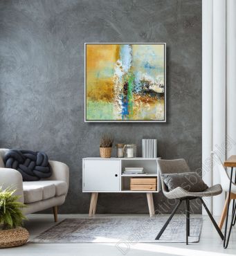 Wohnzimmer mit abstraktem Bild auf Leinwand mit Schattenfugenrahmen