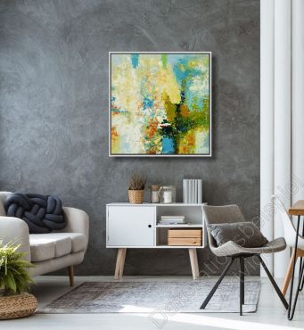 Wohnzimmer mit abstraktem Bild auf Leinwand mit Schattenfugenrahmen