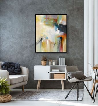 Wohnzimmer mit abstraktem Bild auf Leinwand mit Schattenfugenrahmen