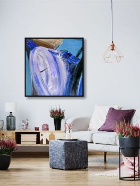 Preview: Wohnzimmer mit abstraktem Bild auf Leinwand mit Schattenfugenrahmen