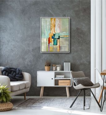 Wohnzimmer mit abstraktem Bild auf Leinwand mit Schattenfugenrahmen