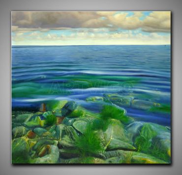 Meer, Steine im Wasser. Strand und Horizont  .Gemälde. Die Farbe ist fein gemalt.