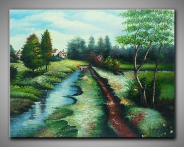 Leinwandbild gemalte Landschaft mit einem Feldweg am Bach