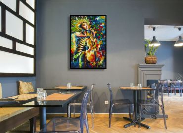 Gastro im Landhaus. Als Dekoration ein buntes Ölgemälde Musik