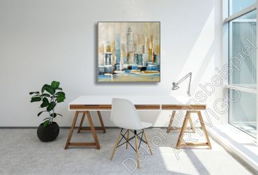 Preview: Dekoration Wohnung. Helle Wand mit einem echten Bild mit Häusern