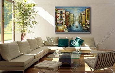 Wohnzimmer mit einem warmen, fröhlichen Wandbild mit vensdig im Schattenfugenrahmen