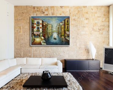 Kuschelecke mit einem ruhigen, stimmungsvollen Wandbild mit Vensdig im Schattenfugen Rahmen
