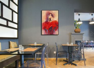 Hippes Restaurant. Als Dekoration ein Gemälde mit einer tanzenden Frau